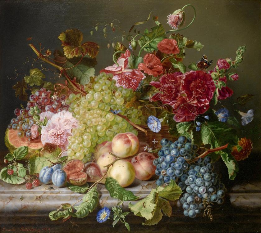Amalie_Kaercher_-_Still_life_with_fruit_and_flowers_on_a_ledge,_1858