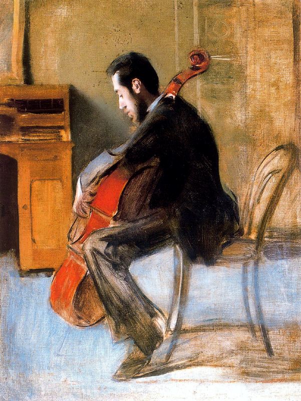 Retrato del violonchelista Gálvez. Óleo sobre lienzo. 85 x 68 cm. Colección particular. Obra de Ramón Casas